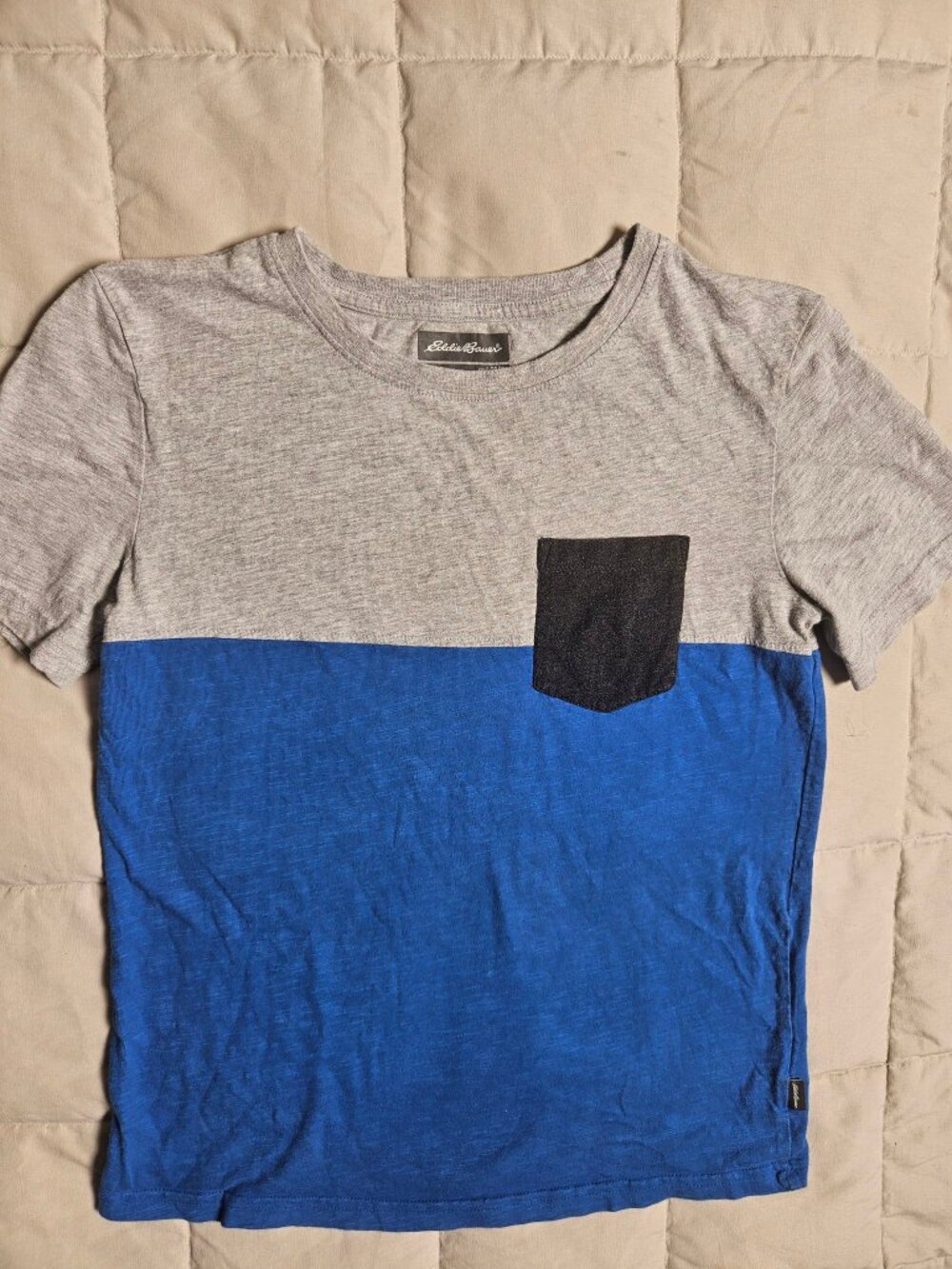 Eddie Bauer Boys T-Shirt Kids L (10/12) Gray Blue Colorblock Black Pocket